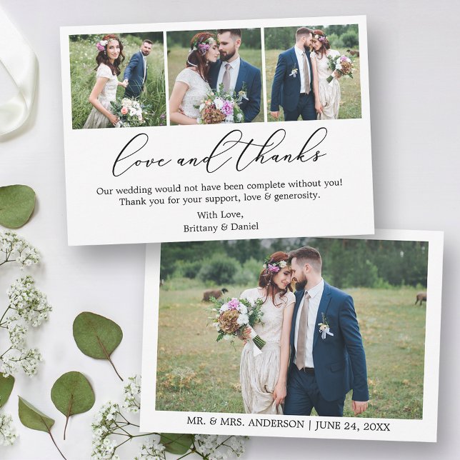 Wedding Modern Minimalist Calligraphy Love 4 Photo Thank You Card (Customize to change your personalized text size or text style.)