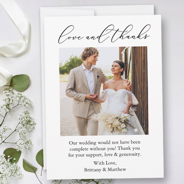 Wedding Modern Minimalist Love Thanks Calligraphy Thank You Card (Customize to add text or more photos to back of card.)
