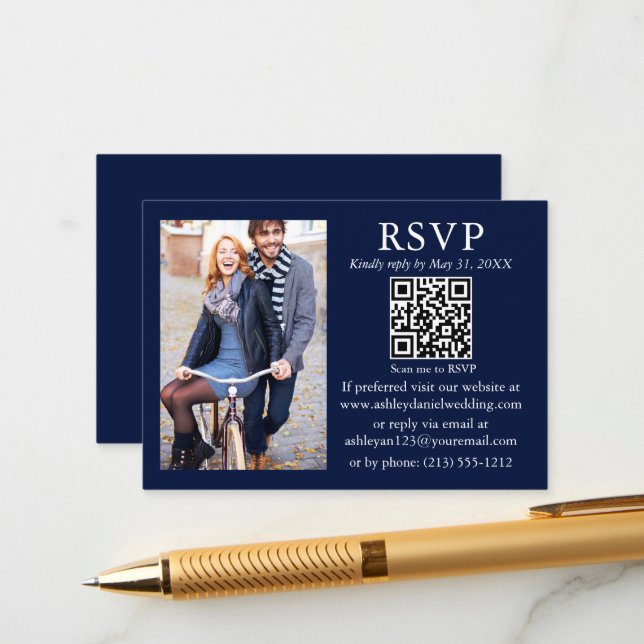 Wedding Modern Minimalist Photo Blue QR RSVP Enclosure Card (Front/Back In Situ)