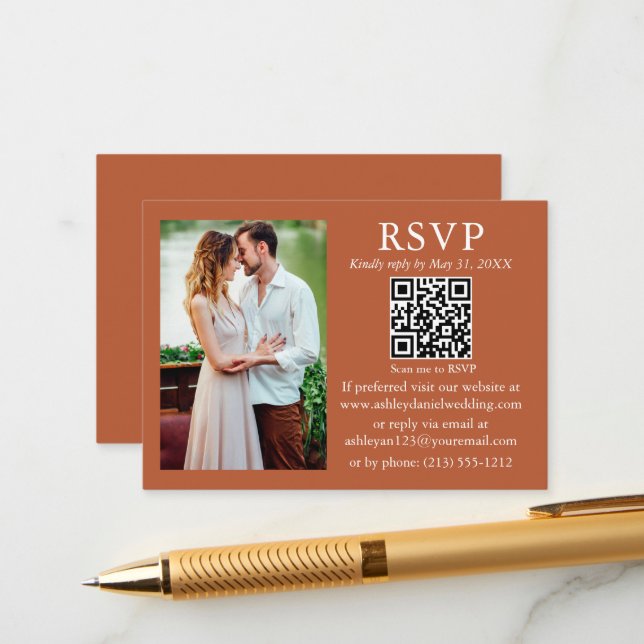 Wedding Modern Minimalist Photo Terracotta QR RSVP Enclosure Card (Front/Back In Situ)