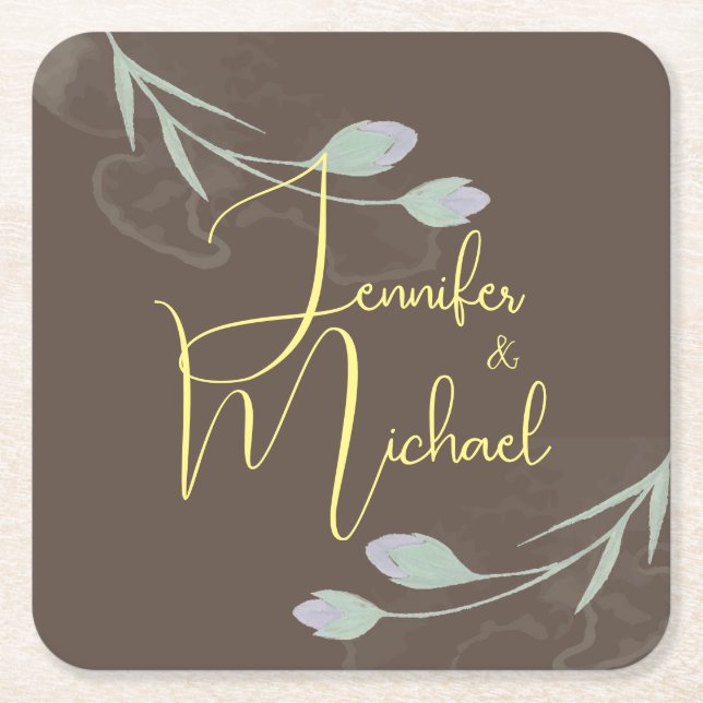 Wedding Modern Minimalist Plain Calligraphy Name Square Paper Coaster (Front)