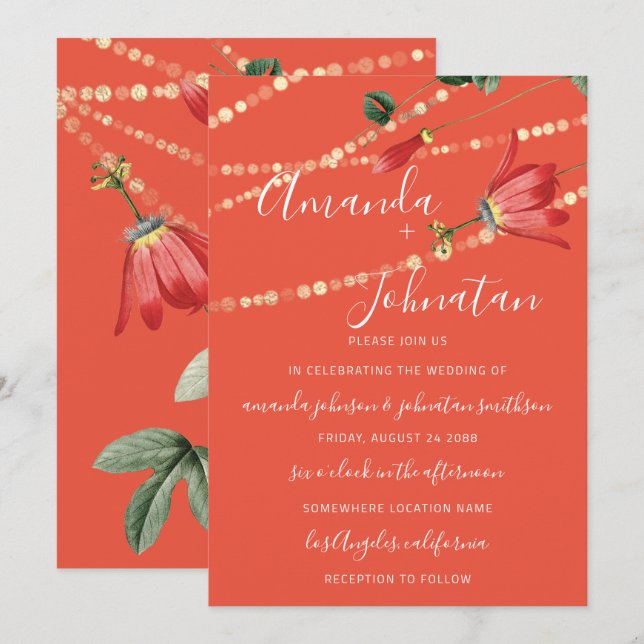 Wedding Modern Monogram Vivid Coral Lights Gold Invitation (Front/Back)
