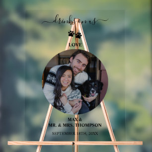 Wedding Modern Photo Couple Pet Dog Drinks on Us Acrylic Sign
