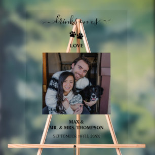 Wedding Modern Photo Couple Pet Dog Drinks on Us Acrylic Sign