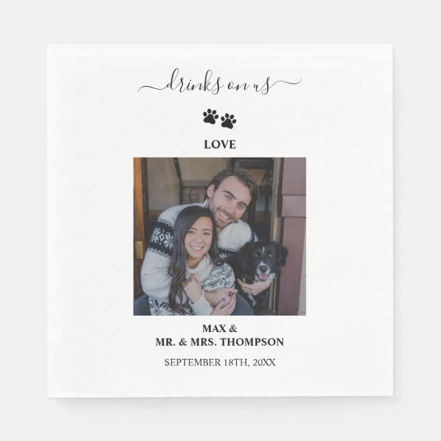 Wedding Modern Photo Couple Pet Dog Drinks on Us Napkin (Front)