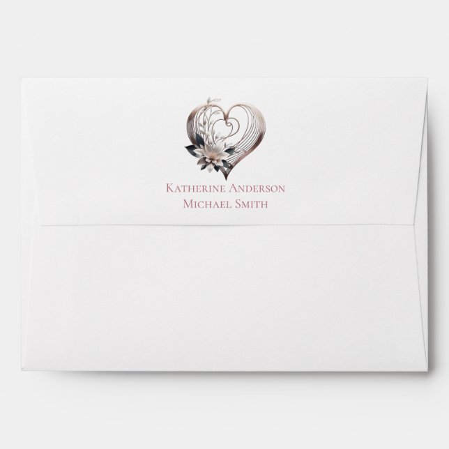 Wedding-Modern Pink Heart with Flowers Envelope (Back (Top Flap))