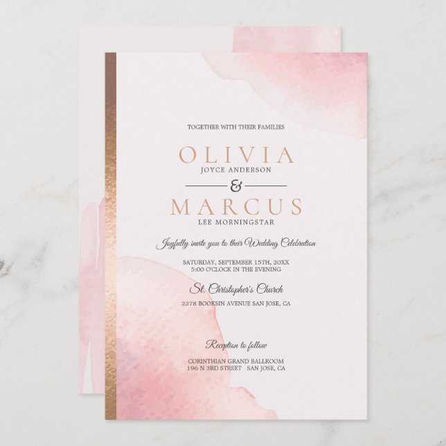 Wedding Modern Rose Pink Watercolor Splash Invitation (Front/Back)