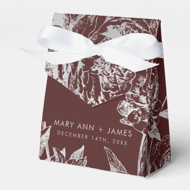 Wedding Modern Simple Floral Silver Burgundy Favour Box (Front Side)