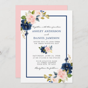 Wedding Modern Watercolor Classic Blue Pink Floral Invitation