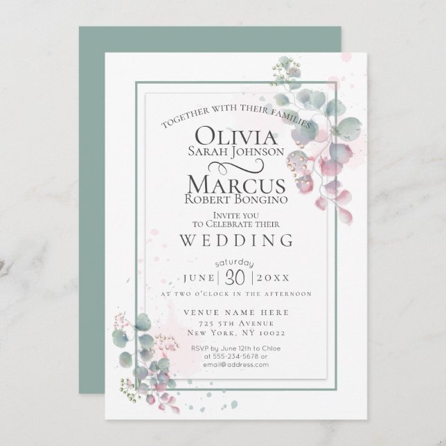 Wedding | Modern Watercolor Eucalyptus Foliage Invitation (Front/Back)