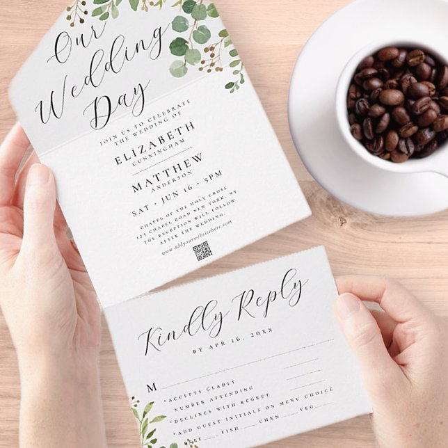 Wedding Modern Watercolor Foliage Chic QR Code All In One Invitation (Creator Uploaded)