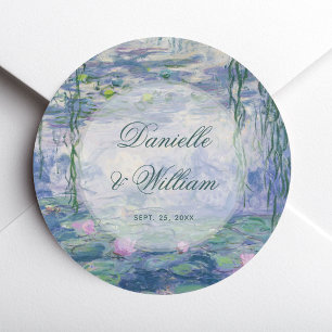 Wedding Monet Floral Water Lilies Elegant Script Classic Round Sticker