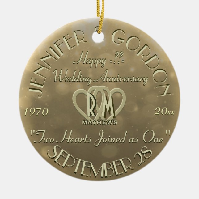 Wedding Monogram Anniversary Gold Colour Ceramic Tree Decoration (Front)