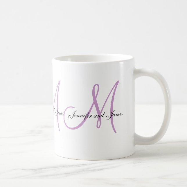 Wedding Monogram B & Names Lilac White Favour Mug (Right)