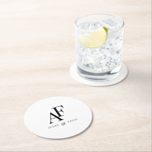 Wedding Monogram Black and White Elegant Simple Round Paper Coaster