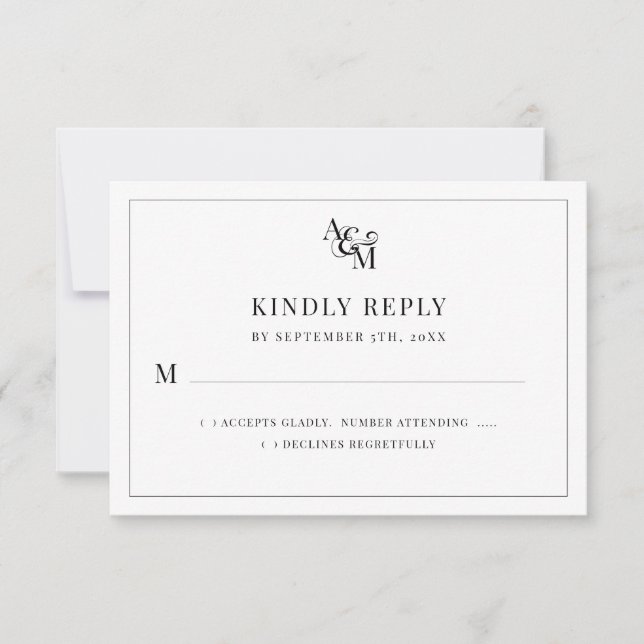 Wedding Monogram Black White Simple Elegant RSVP Card (Front)