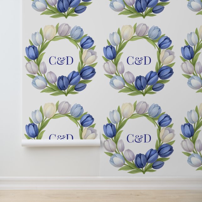 Wedding Monogram  Blue Tulip Wreath Watercolor Wallpaper (Application)