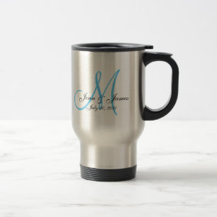 Wedding Monogram Bride Groom Date Blue Travel Mug