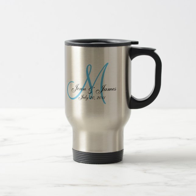 Wedding Monogram Bride Groom Date Blue Travel Mug (Right)