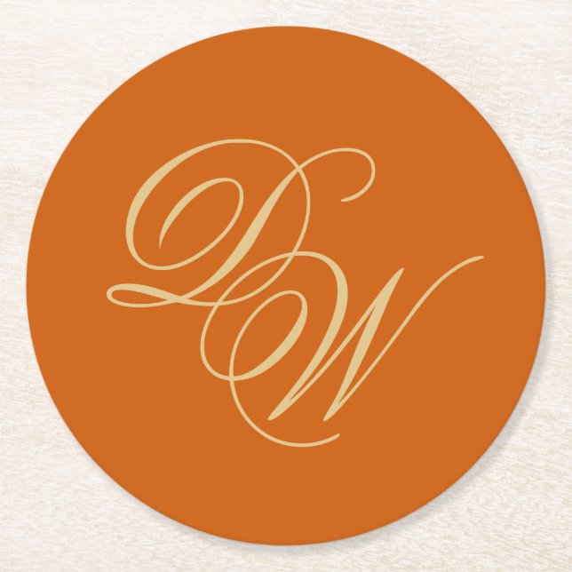 Wedding Monogram Burnt Orange 2 Initials Script Round Paper Coaster (Front)