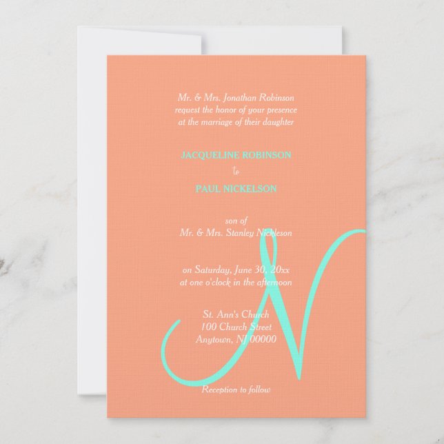 Wedding Monogram Cantaloupe Blue  Invitation (Front)