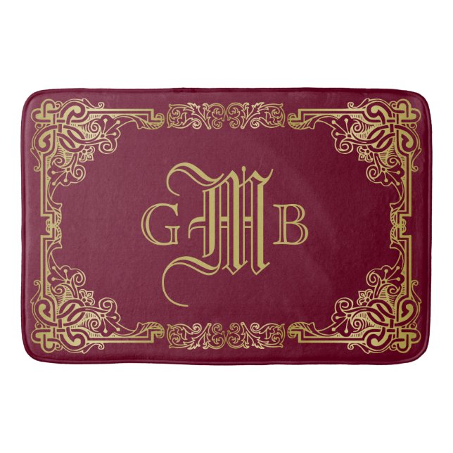 Wedding Monogram Classic Gold Frame Burgundy Bath Mat (Front)