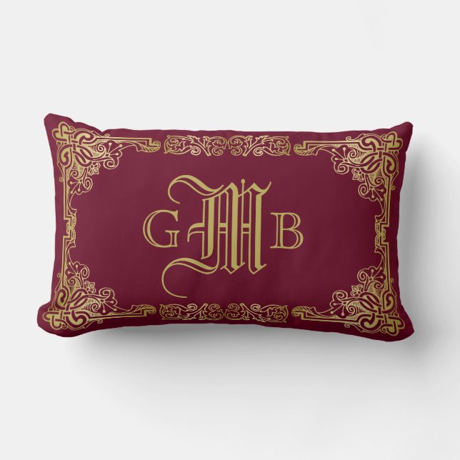 Wedding Monogram Classic Gold Frame Burgundy Lumbar Cushion (Front)