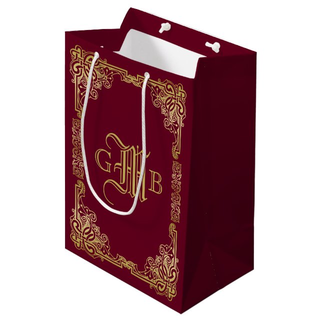 Wedding Monogram Classic Gold Frame Burgundy Medium Gift Bag (Front Angled)