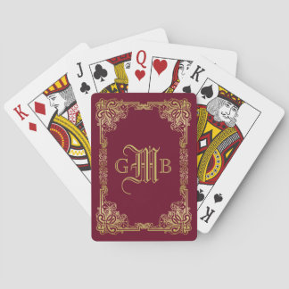 Wedding Monogram Classic Gold Frame Burgundy Playing Cards