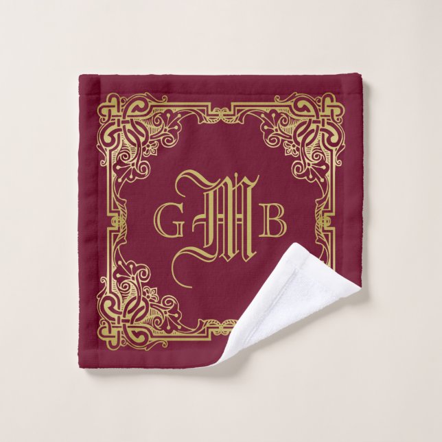 Wedding Monogram Classic Gold Frame Burgundy Wash Cloth (Wash Cloth)