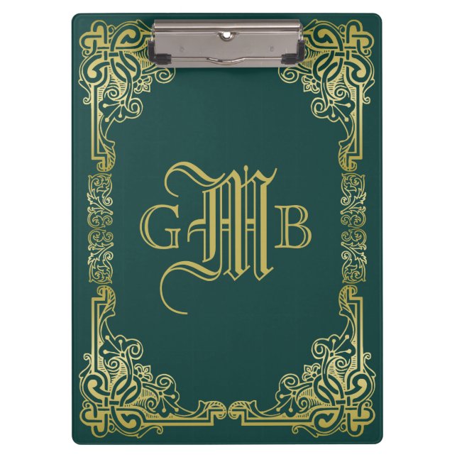 Wedding Monogram Classic Gold Frame Dark Green Clipboard (Front)