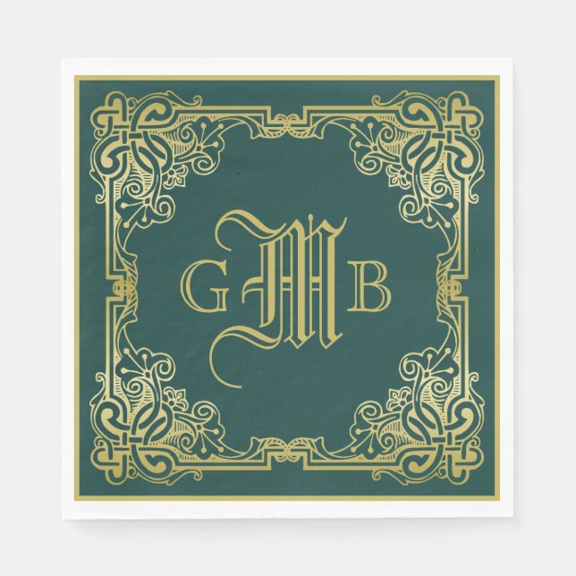 Wedding Monogram Classic Gold Frame Dark Green Napkin (Front)