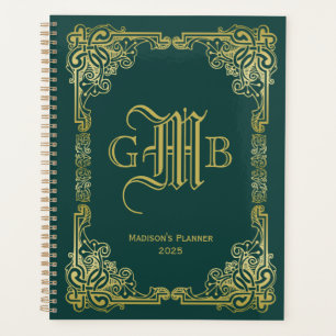 Wedding Monogram Classic Gold Frame Dark Green Planner