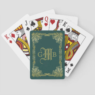 Wedding Monogram Classic Gold Frame Dark Green Playing Cards