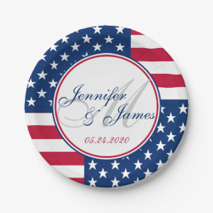 Wedding Monogram Custom USA American Flag Paper Plate