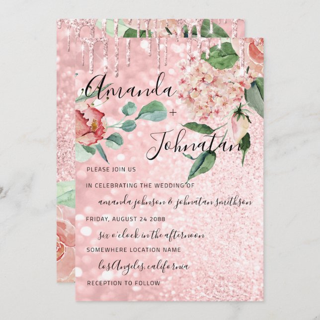 Wedding Monogram Drips Florals Mint Glitter Pink Invitation (Front/Back)