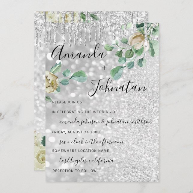 Wedding Monogram Drips Florals Mint Glitter Silver Invitation (Front/Back)