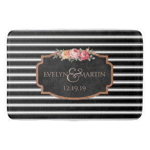 Wedding Monogram Elegant Black Stripe Bath Decor Mat