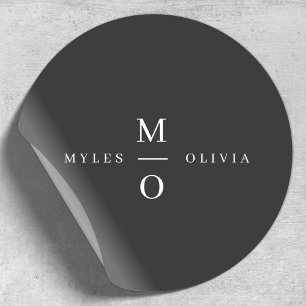 Wedding Monogram Elegant Minimal Stylish Black Classic Round Sticker
