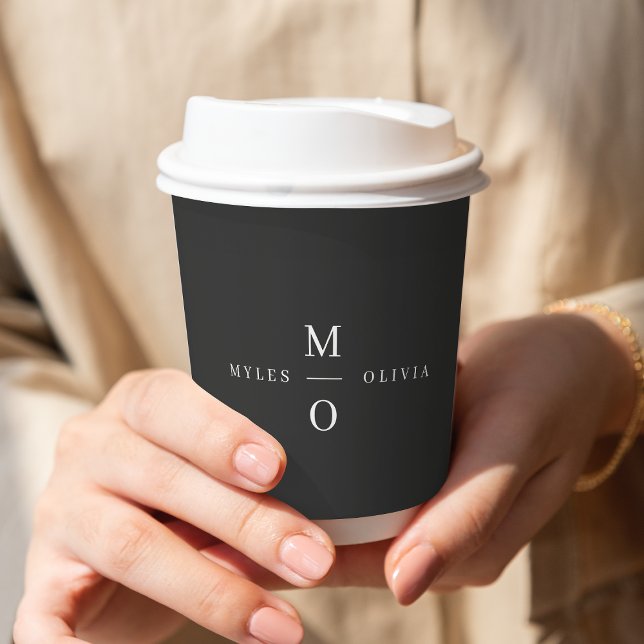 Wedding Monogram Elegant Minimal Stylish Black Paper Cups (Creator Uploaded)