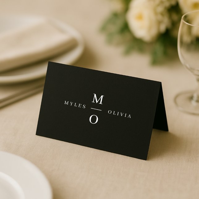Wedding Monogram Elegant Minimal Stylish Black Place Card (Creator Uploaded)