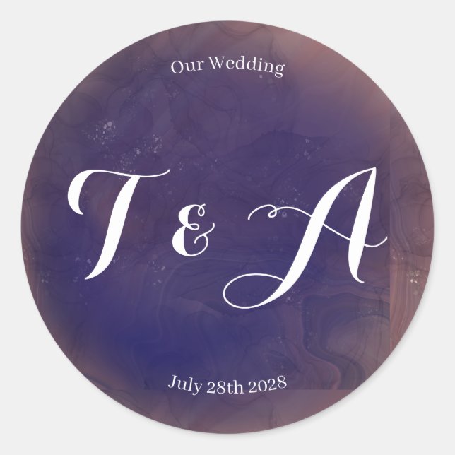 Wedding Monogram Elegant Purple Classic Round Sticker (Front)