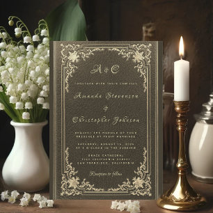 Wedding Monogram Elegant Vintage Gold on Black Invitation