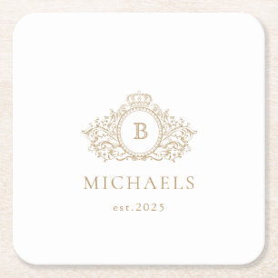 Wedding Monogram Gold & White Coaster