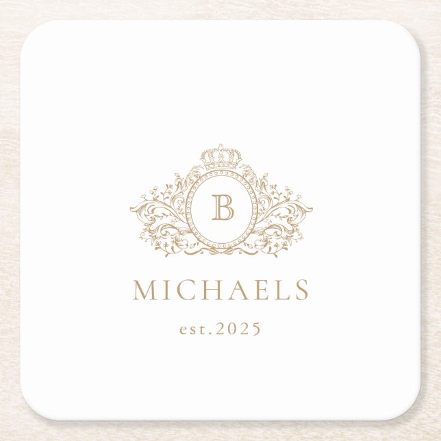 Wedding Monogram | Gold & White Coaster (Front)