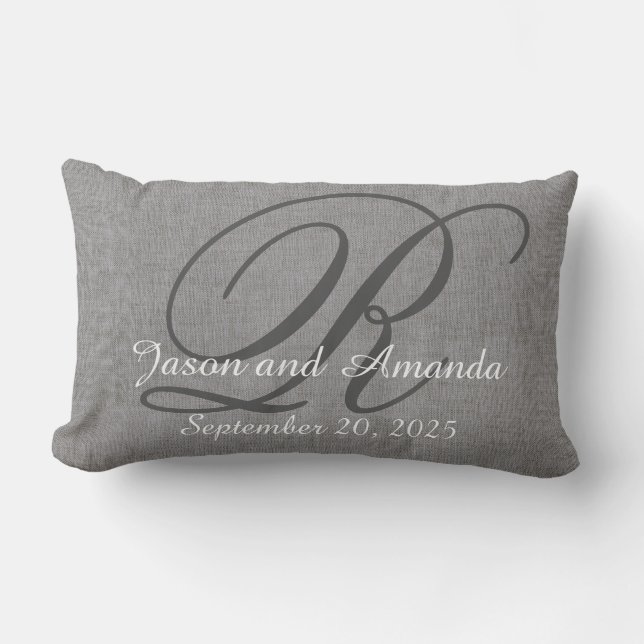 Wedding Monogram Grey Rustic Linen Look Lumbar Cushion (Front)