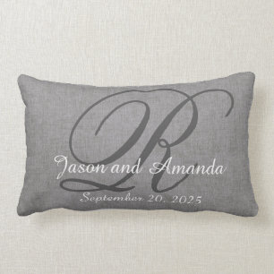 Wedding Monogram Grey Rustic Linen Look Lumbar Cushion