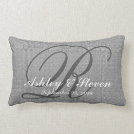 Wedding Monogram Grey Rustic Linen Look Lumbar Cushion