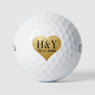 Wedding Monogram Initials Date Gold Heart Golf Balls