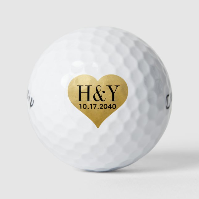 Wedding Monogram Initials Date Gold Heart  Golf Balls (Front)